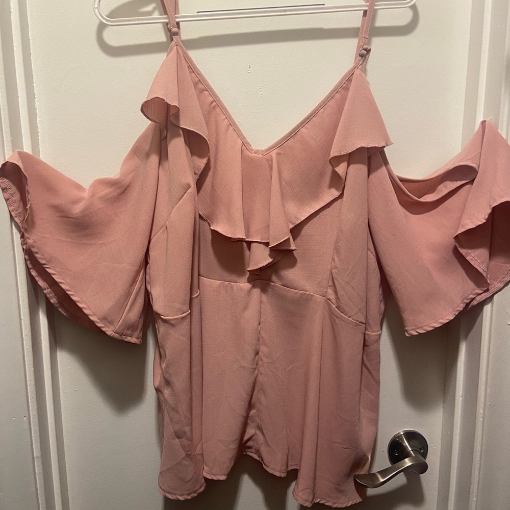Plus Ruffle Trim Cold Shoulder Solid Peplum Top- Dusty Pink